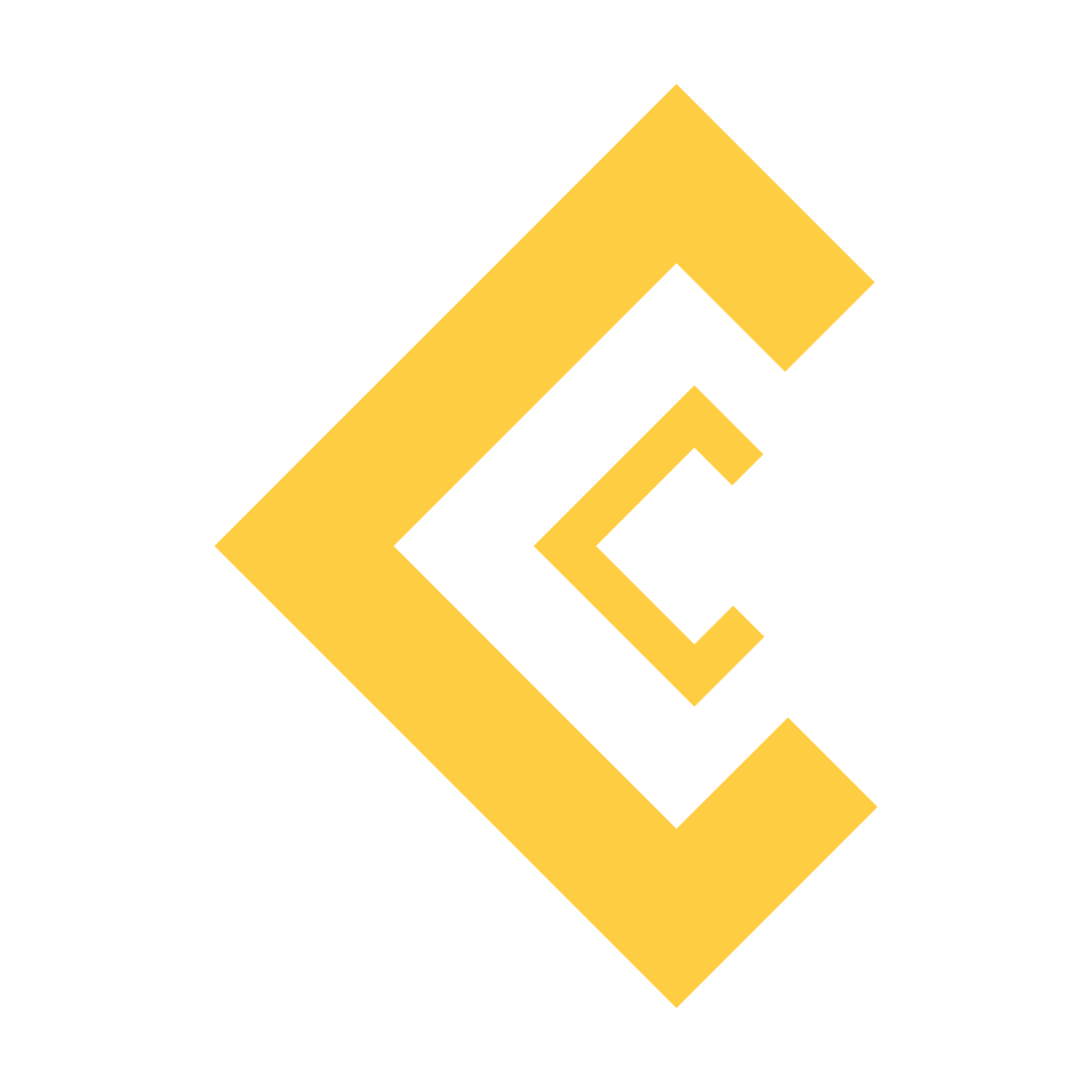 Logo jaune en forme de C sur fond noir.
